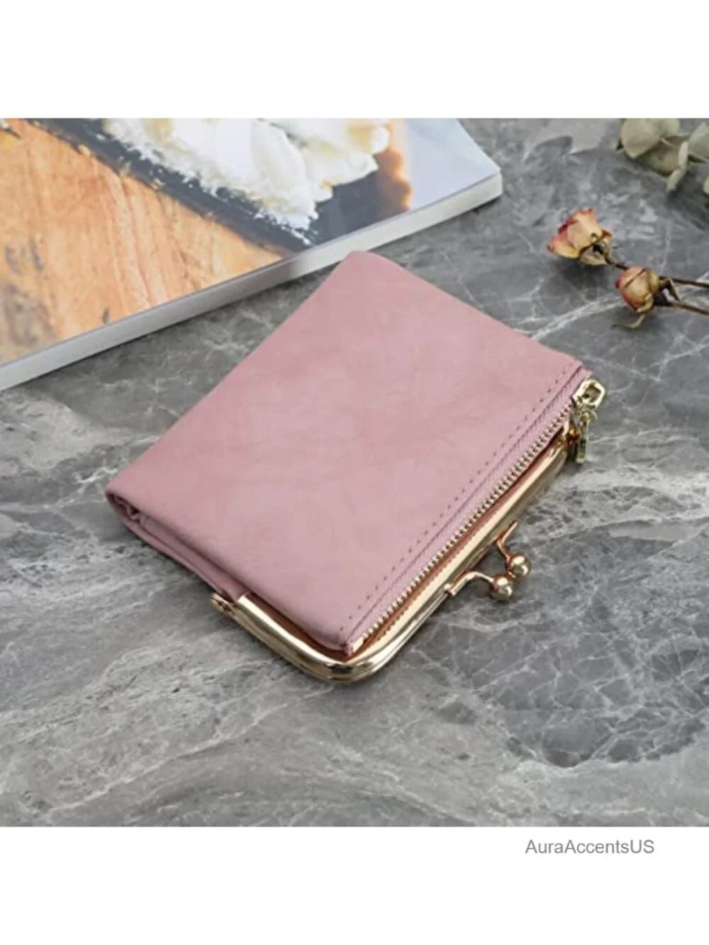 PU Leather Bifold Wallet with Zipper and Kiss Lock